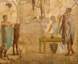 لوحة جدارية تصور مشهد التضحية، زخرفة من بيت كيوبيد المذهب، بومبي، كامبانيا، الحضارة الرومانية بواسطة رومان رومان