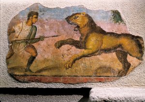 المصارع يقاتل أسد (فريسكو) بواسطة رومان رومان