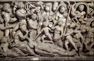 Prometeo created the uomo: Promethee creating the first man. Sarcophagus with representation of the myth of Promethee. With the characters of Greek and Roman mythology: Promethee, Psyche, little loves, Hermes, psychopomp god, Parques (Cabinets), Poseidon,  بواسطة رومان رومان