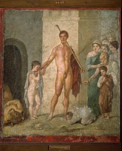 Representation of Thesee, the heros of Greek mythology, liberating the seven young men from the maze after triumph of the minotaur. Fresco from the Villa de Gavius Rufus in Pompei. Dim. 88x97 cm Archaeological Museum of Naples - Roman art: representation o بواسطة رومان رومان