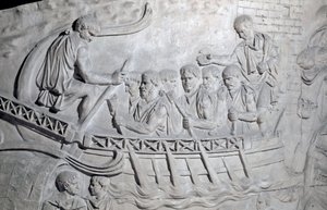 Roman Art: “” Roman soldiers on a galley on the Danube during the First War in Dacia”” Mould of 1862 reproducing the bas-reliefs of the column of Trajan (column Trajane) (Colonna Traiana) in Rome built during the reign of Emperor Trajan (53-117). The Traja بواسطة رومان رومان