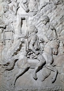 الفن الروماني: "" صدق الفارس النومي "" قالب من 1862 يعيد إنتاج النقوش البارزة لعمود تراجان (عمود تراجان) (كولونا ترايانا) في روما الذي بني في عهد الإمبراطور تراجان (53-117). عمود تراجان يحيي ذكرى الكاميرا المنتصرة بواسطة رومان رومان
