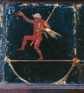 لوحة جدارية من النمط الثالث تصور Funambolist Seleni، تفاصيل Silenus وهو يحمل thyrsus، من ما يسمى بفيلا شيشرون في بومبي بواسطة رومان رومان