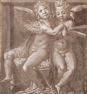 ملائكتان جالسان يغنيان ، بعد Polidoro da Caravaggio (قلم حبر بني وحبر بني يغسلان مع أبيض على ورق رمادي-أزرق)