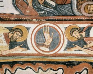 الفن الرومانسكي: "" اليد اليمنى لله والبطاركة إيليا وهينوك (أو إينوك). التفاصيل. لوحة جدارية لمدرسة ليون (إسبانيا). 1132. ملاذ السيدة العذراء ديل كامين بواسطة رومانيسك