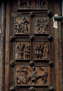Romanesque art: wooden door from the middle of the 12th century of the Church of St. Mary of the Capitol in Cologne, Germany (Sankt Maria im Kapitol, Koln). Scenes depicting the announcement to the shepherds, the nativity, the adoration of the mages and th بواسطة رومانيسك