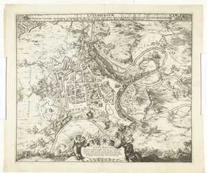قصف باب لوكسمبورغ باب دي مارشالك دي كريكي ، 1684 لوكسمبورغ ، قيادة. اسم العائلة حاضرة أمير chimacens سترين def. ريج. لكن ذراعي بلاد الغال احتلته. 4 يونيو Ao. 8834 (العنوان على الكائن) بواسطة نيكولايس فيشر (أنا)