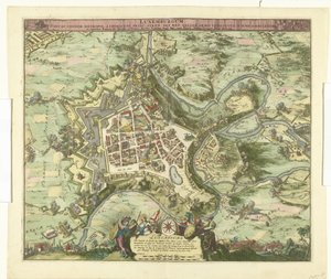 قصف باب لوكسمبورغ باب دي مارشالك دي كريكي ، 1684 لوكسمبورغ ، قيادة. اسم العائلة حاضرة أمير chimacens سترين def. ريج. لكن ذراعي بلاد الغال احتلته. 4 يونيو Ao. 8834 (العنوان على الكائن) بواسطة نيكولايس فيشر (أنا)