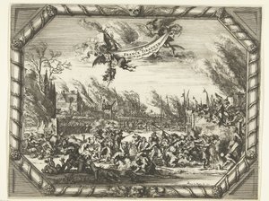 الفظائع الفرنسية في Bodegraven و Zwammerdam ، 1672 احتفل Spiegel der France Tirannye في Hollantsche Dorpen (العنوان على الكائن) بواسطة رومين دي هوج (منسوب إلى)