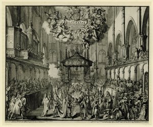 جوقة كنيسة وستمنستر مع مراسم جنازة الملكة ، 1695 In't Choor van Westmunster Abdye (العنوان على الكائن) موت ودفن ماري الثانية ستيوارت ، ملكة إنجلترا ، 1695 (عنوان السلسلة) بواسطة Romeyn de Hooghe