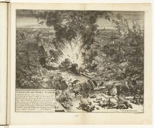 نسف جسر سفينة بارما فوق نهر شيلدت عام 1585 Deroute du Pont Farnese (العنوان على الكائن) Guerres de Flandres (عنوان المسلسل) بواسطة Romeyn de Hooghe