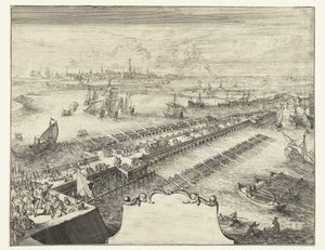 جسر سفينة بارما فوق نهر شيلدت ، 1585 Guerres de Flandres (عنوان المسلسل) بواسطة Romeyn de Hooghe