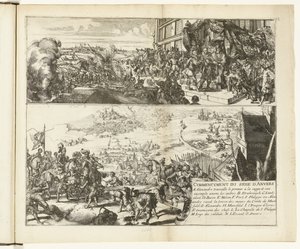 عرضان حول حصار دوق بارما لأنتويرب ، 1584-1585 بدء حصار أنفر (العنوان على الكائن) Guerres de Flandres (عنوان المسلسل) بواسطة Romeyn de Hooghe