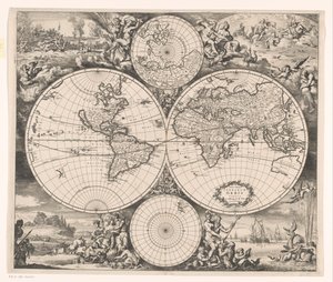 خريطة العالم مع رمز على العناصر الأربعة Nova totius terrarum orbis tabula (العنوان على الكائن)