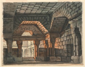 تصميم المسرح ، القلعة الداخلية المحصنة لـ "Ciro in Babilonia" بواسطة Gioachino Rossini ، La Scala ، ميلان ، 1818 ، "Underground Prison"