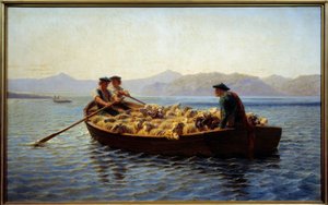 تغيير الرعي. ركب الرعاة قطيع الأغنام ليأخذوها إلى الشاطئ الآخر. لوحة روزا بونور (1822-1899) بواسطة بينك بونور