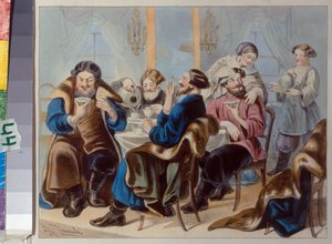 شاي وسكر. شرب الشاي في حانة جوكوفسكي ، رودولف كاسيميروفيتش (1814-1886) ، الربع الأول من القرن التاسع عشر. - ليثوجراف ، ألوان مائية - متحف تاريخ الدولة ، موسكو بواسطة رودولف قاسميروفيتش جوكوفسكي