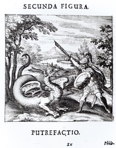 فارس يهزم `` العفن &39;&39; الذي يجسده تنين ، من `` Musaeum Hermeticum Reformatum &39;&39; باسل فالنتين ، 1678 بواسطة المدرسة الروسية