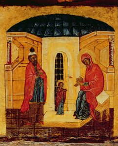 أيقونة تصور يسوع في الهيكل ، c.1550 (درجة الحرارة وورقة الذهب على اللوحة) (تفاصيل 314500) بواسطة المدرسة الروسية