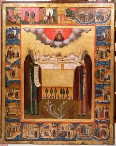 القديسين زوسيموس و Sabbatheus من Solovetsk مع مشاهد من حياتهم ، القرن الثامن عشر (درجة الحرارة على اللوحة) بواسطة المدرسة الروسية