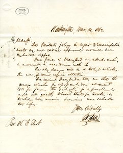 وقعت الرسالة SP Chase ، واشنطن ، إلى WG Eliot ، 31 مارس 1862 بواسطة سمك السلمون P. تشيس