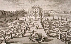 منزل وحديقة نمساوية ، نقشها يوهان أوغست كورفينوس (1683-1738) ، نُشرت حوالي 1730-40 (نقش) بواسطة سالومون (بعد) الصغير