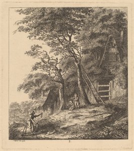 صياد وطفلان في منظر طبيعي مع أكواخ من القش ، 1764. بواسطة سالومون جيسنر