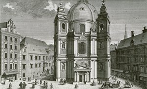 منظر ل Peterskirche ، فيينا منقوش بواسطة يوهان برنارد هاتينغر بواسطة سالومون الصغير