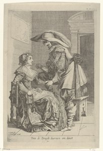 رجل يعرض على المرأة عملة معدنية Dats de Bruydt daermen om dances (العنوان على الكائن) بواسطة سالومون سافري