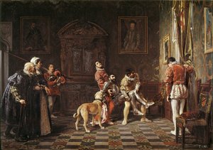 “" Return of the tournament "” A young knight hurts is brought back to the palace, supported by two pages. Painting by Salvador Martinez Cubells (1845-1914) 1881 Valencia. Museum of Bellas Artes San Pio بواسطة سلفادور مارتينيز كوبيلز