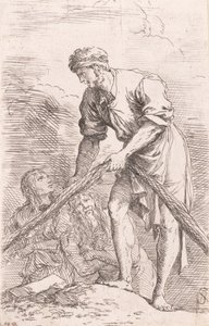 رجل يسحب شبكة خلفه شخصيتان من مسلسل "تمثال" ، كاليفورنيا. ... ، كاليفورنيا. 1656-1657. بواسطة سلفاتور روزا