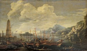 ميناء مع المنارة والسفن بواسطة سلفاتور روزا