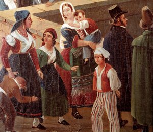 أزياء نابولي التقليدية: عامة الناس تفاصيل لوحة رسمها سالفاتور فيرغولا (1799-1877) 1859 متحف ناسيونالي دي سان مارتينو نابولي بواسطة سالفاتور فيرغولا