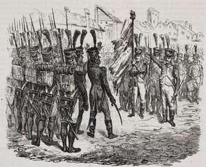 علم الفوج 84، طباعة حجرية لسلفاتوري بوليا من تاريخ نابليون بقلم سيزار مالبيكا (1804-1848)، من بوليوراما بيتوريسكو، العدد 16، 25 نوفمبر بواسطة سلفاتور بوليا