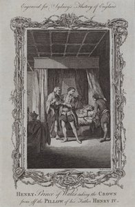 Henry Prince of Wales taking the Crown from off the Pillow of his Father Henry IV (engraving) بواسطة صموئيل (بعد) الحيتان