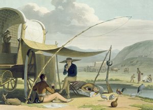 توقف عائلة عائلة بور ، اللوحة 17 من "المناظر الأفريقية والحيوانات" ، نقشها الفنان ، 1805 (أكواتينت)