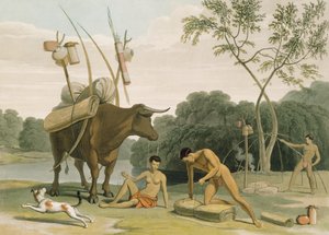 Korah Hottentots تستعد للإزالة ، اللوحة 20 من "المنظر الأفريقي والحيوانات" ، نقشها الفنان ، 1805 (أكواتينت)