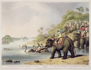 مطاردة نمر عبر نهر من أورينتال فيلد سبورتس ، حانة. بقلم إدوارد أورم ، 1807 (طباعة)