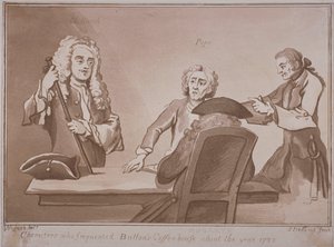 أربعة رجال يدورون حول طاولة في Button&39;s Coffee House في Russell Street ، Westminster ، c.1720 (aquatint) بواسطة صموئيل أيرلندا
