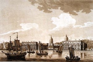 مستشفى غرينتش ، رسم توضيحي من "مناظر خلابة لنهر التايمز" ، حانة. 1799 (حفر ، مائي)