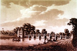 منظر جنوبي شرقي لجسر داتشيت ، رسم توضيحي من "مناظر خلابة لنهر التايمز" ، حانة. 1799 (حفر ، مائي)