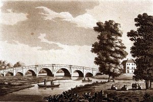 جسر والتون ، ساري ، رسم توضيحي من "مناظر خلابة لنهر التايمز" ، حانة. 1799 (حفر ، مائي)