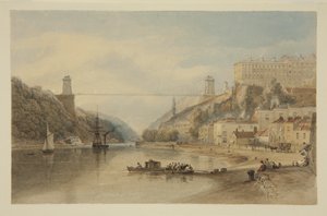 عرض على Avon at Hotwells: الجسر المعلق المقترح ، حوالي عام 1836 (قلم رصاص وألوان مائية على ورق) بواسطة صموئيل جاكسون