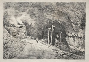 سلسلة من المباني القديمة والبيوت الريفية في شمال إنجلترا: Peak Cavern ، 1821. بواسطة صموئيل بروت