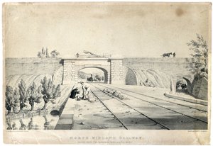 جسر سكة حديد شمال ميدلاند تحت قناة كرومفورد في بول بريدج c1840 (طباعة حجرية ملونة على الورق) بواسطة صموئيل راسل
