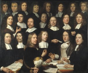 صورة جماعية لأساتذة دار سك العملة في دوردريخت (Portrait de groupe des maitres et des officer de la monnaie de Dordrecht) - Peinture de Samuel Dirksz van Hoogstraten (1627-1678) - 1674 - زيت على قماش - 139.5x166 - متحف Dordrechts بواسطة صموئيل فان هوغستراتن
