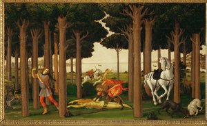 قصة ناستاجيو ديجلي أونيستي، اللوحة الثانية من ثلاث لوحات: الفارس يقتل الفتاة ويلقي بقلبها للكلاب