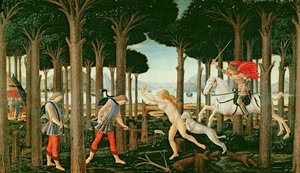 رؤية Nastagio للمطاردة الشبحية في الغابة: المشهد الأول من قصة Nastagio degli Onesti ، c.1483 (تمبرا على لوحة) بواسطة ساندرو (وورشة عمل) بوتيتشيلي