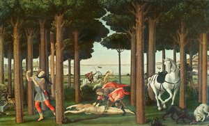 نزع المرأة من السعي: المشهد الثاني من قصة Nastagio degli Onesti ، c.1483 (درجة الحرارة على اللوحة)