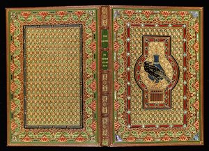 غلاف كتاب "الغراب" لإدغار آلان بو (جلد مغربي كستنائي ، جلد مغربي أخضر ، أحمر وأسود ، مذهب ، عرق اللؤلؤ ، فيروزي) بواسطة سانجورسكي وساتكليف